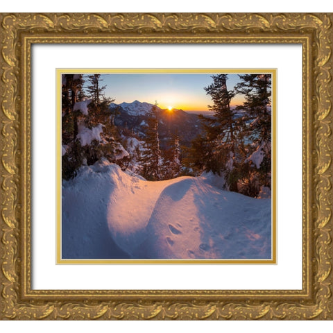 View from Mt-Jochberg near lake Walchensee towards Mt-Herzogstand during winter in the Bavarian Alp Gold Ornate Wood Framed Art Print with Double Matting by Zwick, Martin