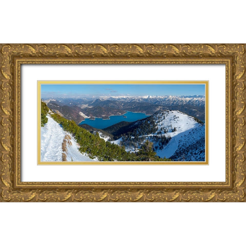 View towards lake Walchensee and Karwendel mountain range-View from Mt-Herzogstand near lake Walche Gold Ornate Wood Framed Art Print with Double Matting by Zwick, Martin