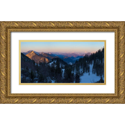 View towards Karwendel Mountains-Mt-Jochberg and Mt-Benediktenwand-View from Mt-Herzogstand near la Gold Ornate Wood Framed Art Print with Double Matting by Zwick, Martin
