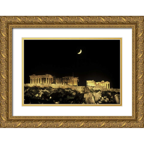 Greece, Athens Moonrise over the Parthenon Gold Ornate Wood Framed Art Print with Double Matting by Noble Gardner, Nancy