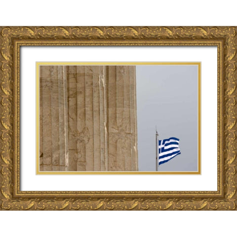 Greece, Acropolis Parthenon and Greek flag Gold Ornate Wood Framed Art Print with Double Matting by Young, Bill