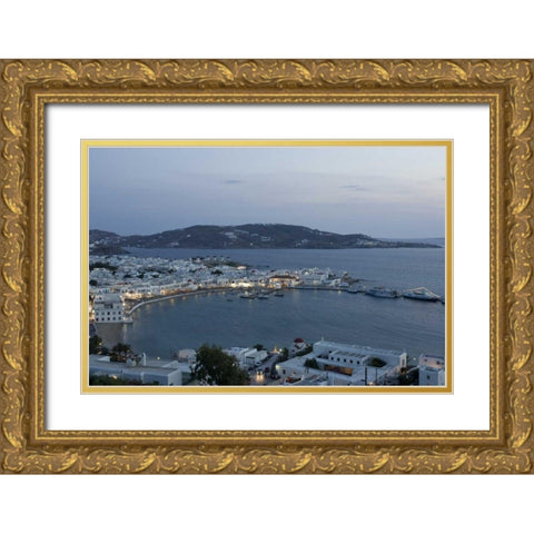 Greece, Mykonos, Hora Evening overlooking harbor Gold Ornate Wood Framed Art Print with Double Matting by Young, Bill