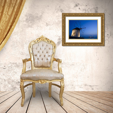 Greece, Mykonos, Hora Windmill and luxury yacht Gold Ornate Wood Framed Art Print with Double Matting by Young, Bill