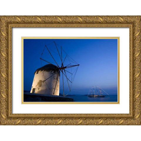 Greece, Mykonos, Hora Windmill and luxury yacht Gold Ornate Wood Framed Art Print with Double Matting by Young, Bill