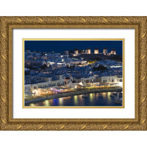 Greece, Hora Night view overlooking harbor Gold Ornate Wood Framed Art Print with Double Matting by Young, Bill