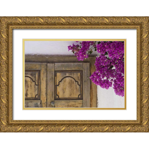 Greece, Hora Wooden doorway and bougainvillea Gold Ornate Wood Framed Art Print with Double Matting by Young, Bill