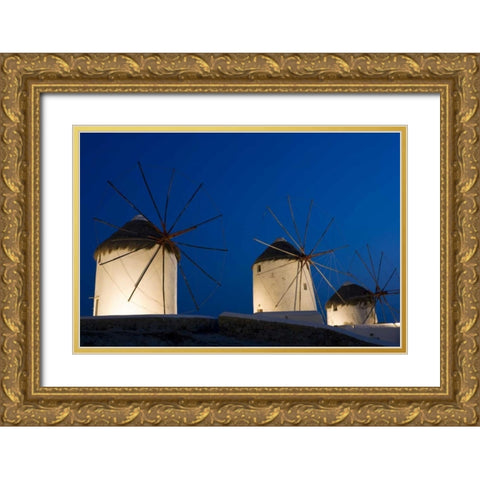 Greece, Mykonos, Hora Windmills lit at sunset Gold Ornate Wood Framed Art Print with Double Matting by Young, Bill