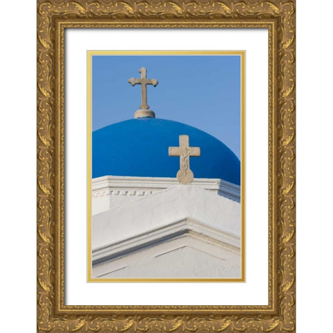 Greece, Mykonos Blue Greek Orthodox church dome Gold Ornate Wood Framed Art Print with Double Matting by Young, Bill