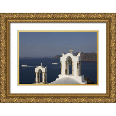 Greece, Thira, Oia Bay scenic with bell tower Gold Ornate Wood Framed Art Print with Double Matting by Young, Bill