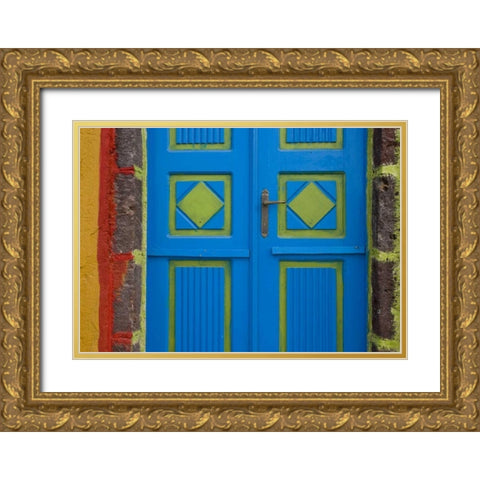 Greece,Thira, Oia Blue and lime green door Gold Ornate Wood Framed Art Print with Double Matting by Young, Bill