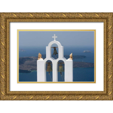 Greece, Santorini Church bell tower with sea Gold Ornate Wood Framed Art Print with Double Matting by Young, Bill