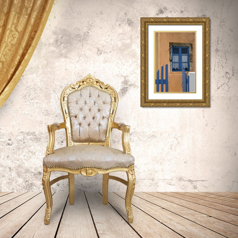 Greece, Santorini Open blue gate and window Gold Ornate Wood Framed Art Print with Double Matting by Young, Bill