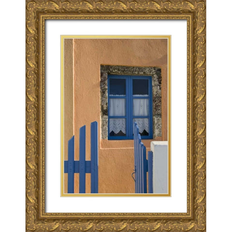 Greece, Santorini Open blue gate and window Gold Ornate Wood Framed Art Print with Double Matting by Young, Bill