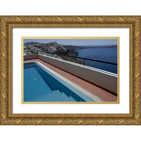 Greece, Santorini Swimming pool overlooking town Gold Ornate Wood Framed Art Print with Double Matting by Young, Bill