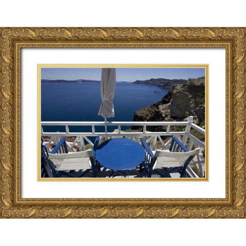 Greece, Santorini Balcony overlooking Aegean Sea Gold Ornate Wood Framed Art Print with Double Matting by Young, Bill