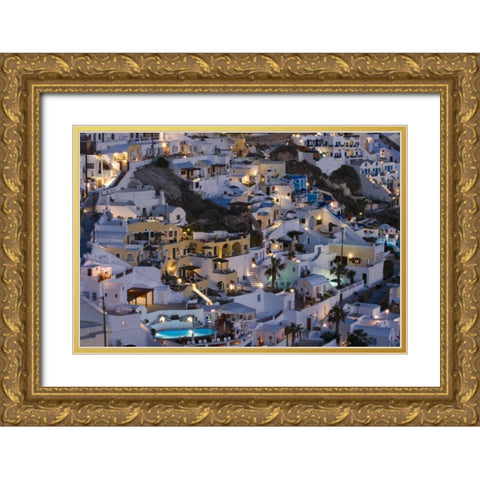 Greece, Firostefani Cliffside villas at night Gold Ornate Wood Framed Art Print with Double Matting by Young, Bill