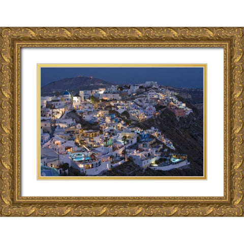 Greece, Firostefani Cliffside villas with lights Gold Ornate Wood Framed Art Print with Double Matting by Young, Bill