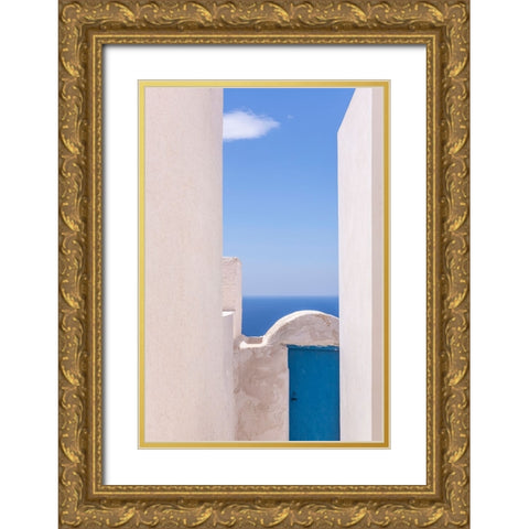 Europe-Greece-Thirasia-White building and blue door and ocean Gold Ornate Wood Framed Art Print with Double Matting by Jaynes Gallery
