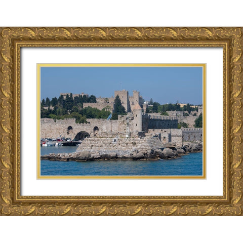 Greece-Rhodes Aegean Sea harbor view of the walled medieval Old Town UNESCO Gold Ornate Wood Framed Art Print with Double Matting by Hopkins, Cindy Miller