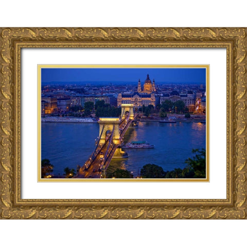 Hungary, Budapest Chain Bridge lit at night Gold Ornate Wood Framed Art Print with Double Matting by Zuckerman, Jim