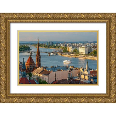View from Castle Hill of the Margaret Bridge crossing the Danube River-Buda side-Central Budapest-C Gold Ornate Wood Framed Art Print with Double Matting by Haseltine, Tom