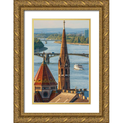 View from Castle Hill of the Margaret Bridge crossing the Danube River-Buda side-Central Budapest-C Gold Ornate Wood Framed Art Print with Double Matting by Haseltine, Tom