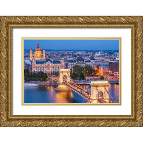 Hungary-Budapest-Szechenyi Chain Bridge across the Danube River-illuminated at night-built between  Gold Ornate Wood Framed Art Print with Double Matting by Haseltine, Tom