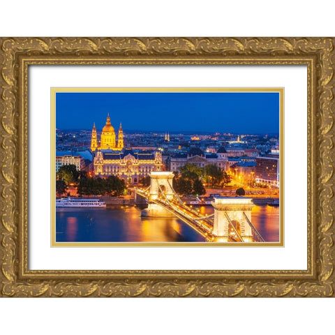 Hungary-Budapest-Szechenyi Chain Bridge across the Danube River-illuminated at night-built between  Gold Ornate Wood Framed Art Print with Double Matting by Haseltine, Tom