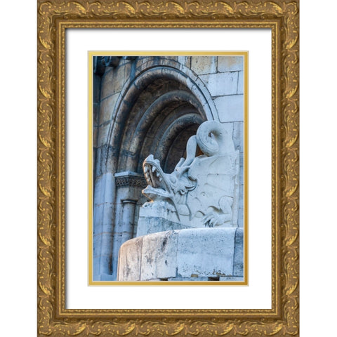 Hungary-Budapest-Dragon statue at Fishermans Bastion building Gold Ornate Wood Framed Art Print with Double Matting by Haseltine, Tom