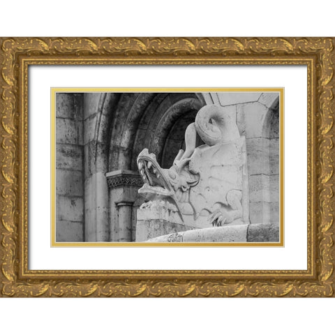 Hungary-Budapest-Dragon statue at Fishermans Bastion building Gold Ornate Wood Framed Art Print with Double Matting by Haseltine, Tom