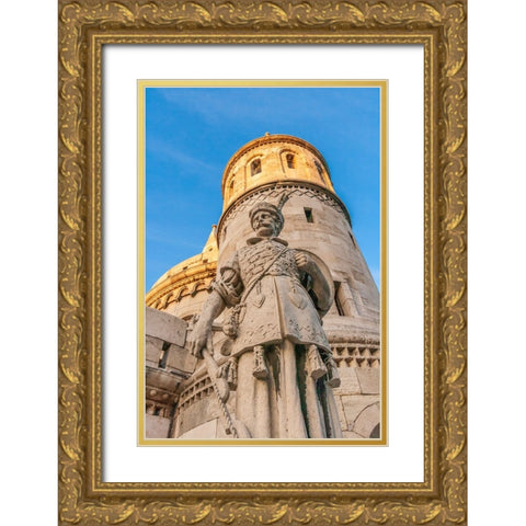 Hungary-Budapest-Fishermans Bastion and statue of Janos Hunyadi Gold Ornate Wood Framed Art Print with Double Matting by Haseltine, Tom