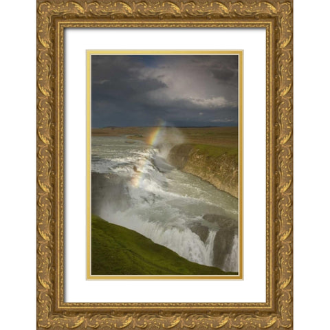 Iceland A rainbow arcs over Gullfoss falls Gold Ornate Wood Framed Art Print with Double Matting by Grall, Don
