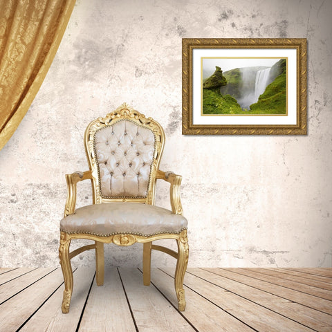 Iceland Waterfall plunges over a volcanic cliff Gold Ornate Wood Framed Art Print with Double Matting by Grall, Don