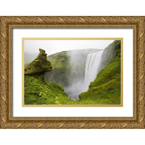 Iceland Waterfall plunges over a volcanic cliff Gold Ornate Wood Framed Art Print with Double Matting by Grall, Don
