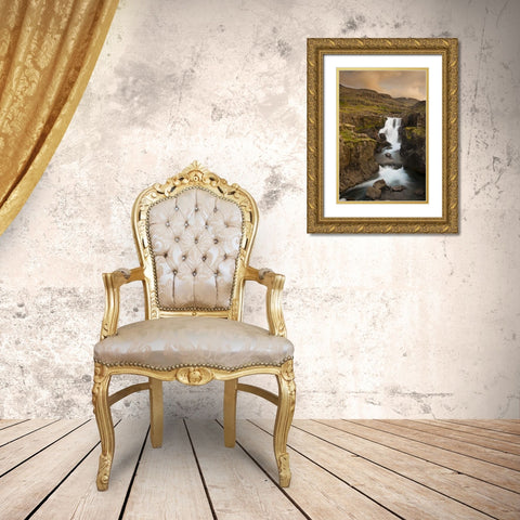 Iceland Waterfall in Berufjordur Fjord Gold Ornate Wood Framed Art Print with Double Matting by Grall, Don