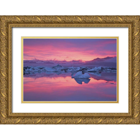 Iceland, Hofn Sunset over the Jokulsarlon lagoon Gold Ornate Wood Framed Art Print with Double Matting by Anon, Josh