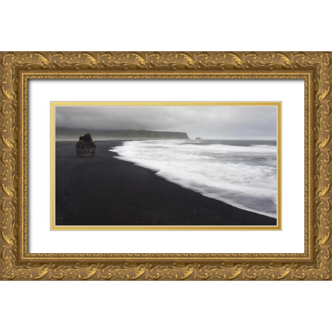 Iceland, Vik black sand beach on rainy day Gold Ornate Wood Framed Art Print with Double Matting by Young, Bill