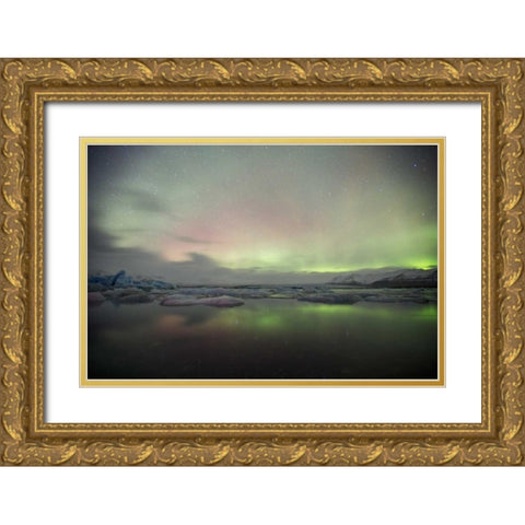 Iceland, Jokulsarlon Aurora lights over a lagoon Gold Ornate Wood Framed Art Print with Double Matting by Anon, Josh