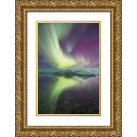 Iceland, Jokulsarlon Aurora lights over a lagoon Gold Ornate Wood Framed Art Print with Double Matting by Anon, Josh