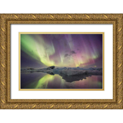 Iceland, Jokulsarlon Aurora lights over a lagoon Gold Ornate Wood Framed Art Print with Double Matting by Anon, Josh