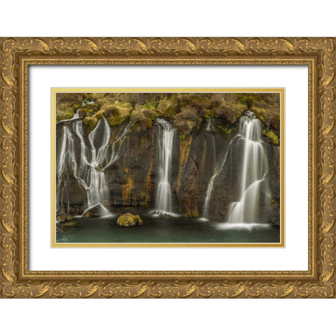 Iceland, Hraunfossar Waterfalls flows over rocks Gold Ornate Wood Framed Art Print with Double Matting by Illg, Cathy and Gordon