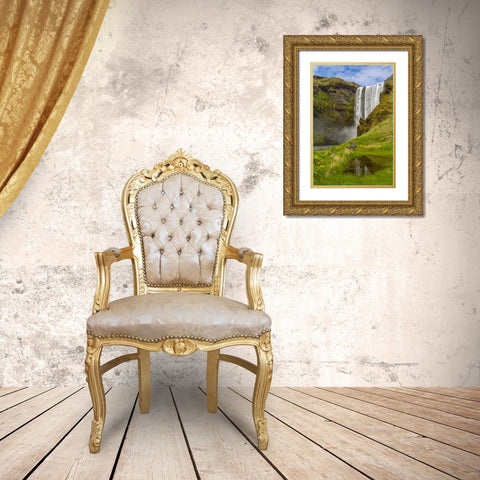 Iceland, Skogafoss Waterfall reflects in pool Gold Ornate Wood Framed Art Print with Double Matting by Illg, Cathy and Gordon