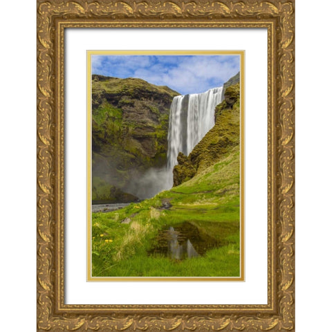 Iceland, Skogafoss Waterfall reflects in pool Gold Ornate Wood Framed Art Print with Double Matting by Illg, Cathy and Gordon