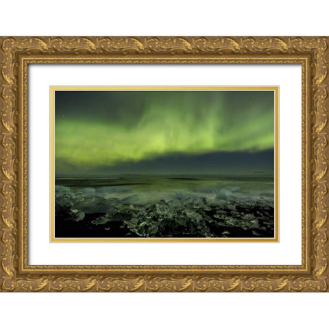 Iceland, Jokulsarlon Aurora borealis and ocean Gold Ornate Wood Framed Art Print with Double Matting by Young, Bill