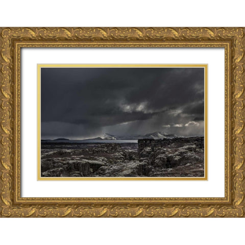 Iceland,Thingvellir NP Dark Rugged landscape Gold Ornate Wood Framed Art Print with Double Matting by Young, Bill