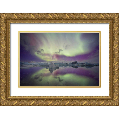 Iceland, Jokulsarlon Aurora lights over a lagoon Gold Ornate Wood Framed Art Print with Double Matting by Anon, Josh