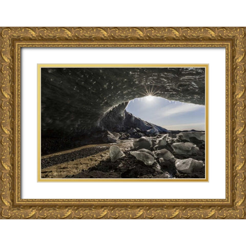 Iceland Sunburst at ice cave entrance Gold Ornate Wood Framed Art Print with Double Matting by Young, Bill