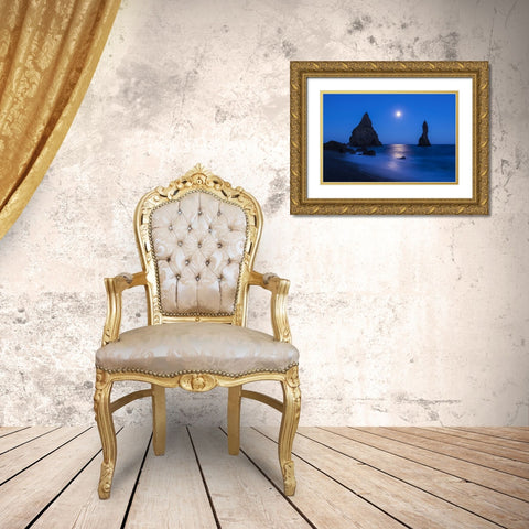 Iceland, Reynisdrangur Moon reflection on ocean Gold Ornate Wood Framed Art Print with Double Matting by Kirkland, Dennis
