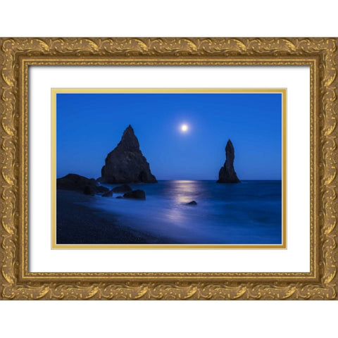 Iceland, Reynisdrangur Moon reflection on ocean Gold Ornate Wood Framed Art Print with Double Matting by Kirkland, Dennis