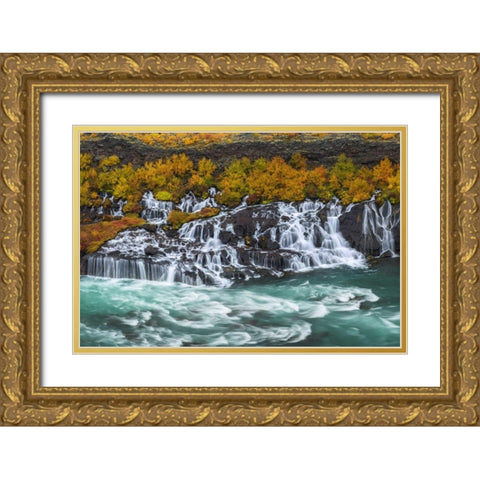 Iceland, Hraunfossar Autumn waterfalls Gold Ornate Wood Framed Art Print with Double Matting by Kirkland, Dennis